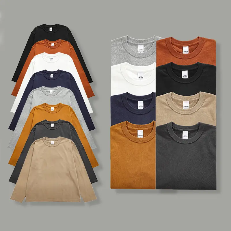Men's Long Sleeve Solid Cotton T-Shirt 300g Beige - Image 9