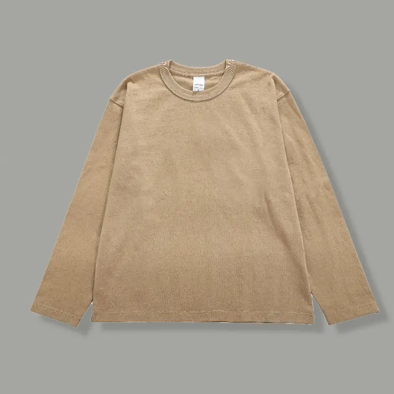 Men's Long Sleeve Solid Cotton T-Shirt 300g Beige - Image 3