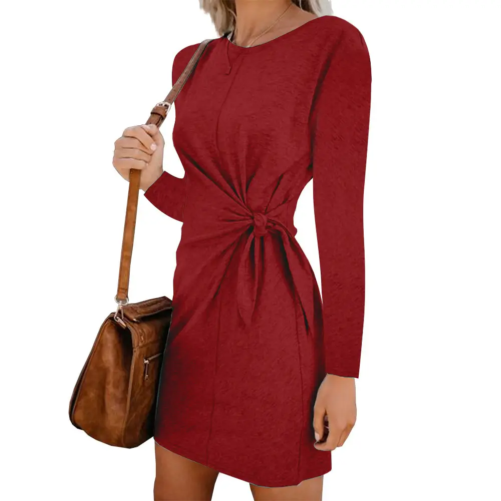 Women Blue Twist Neck Lace-Up Dress - Image 8