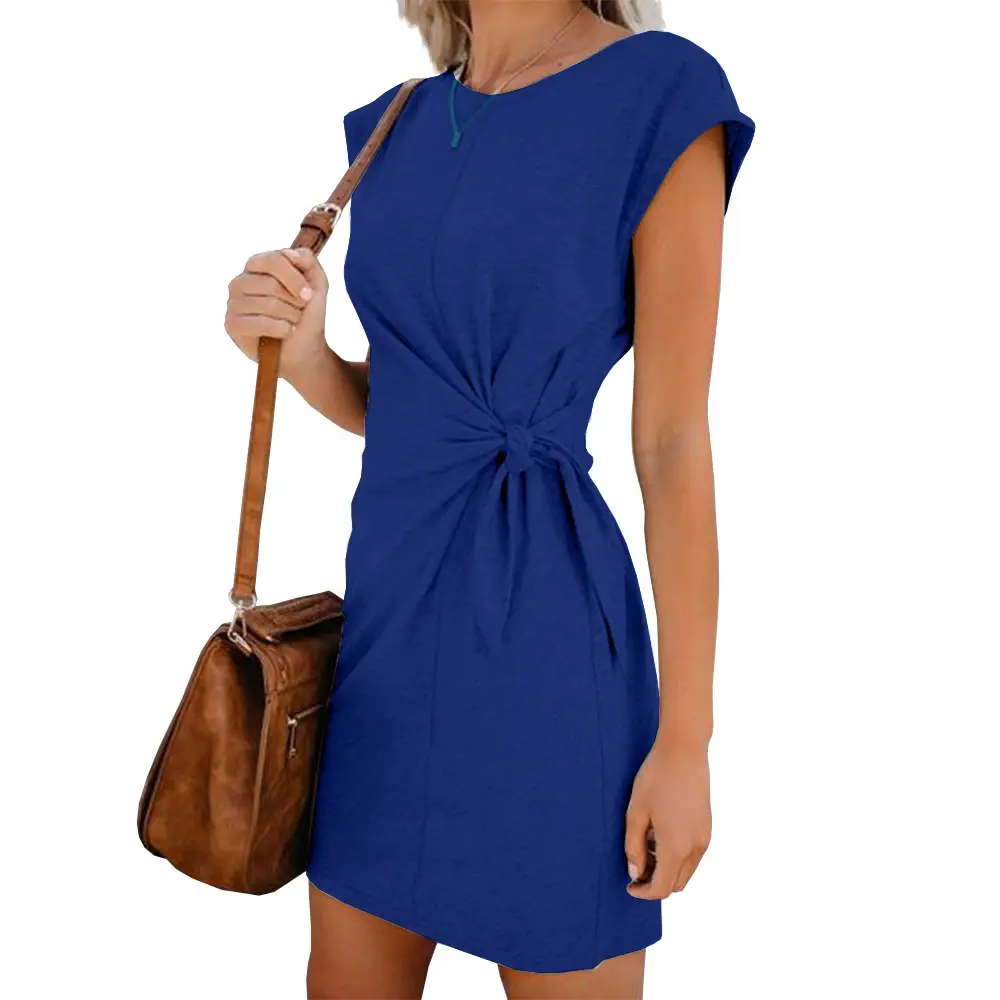 Women Blue Twist Neck Lace-Up Dress - Image 6