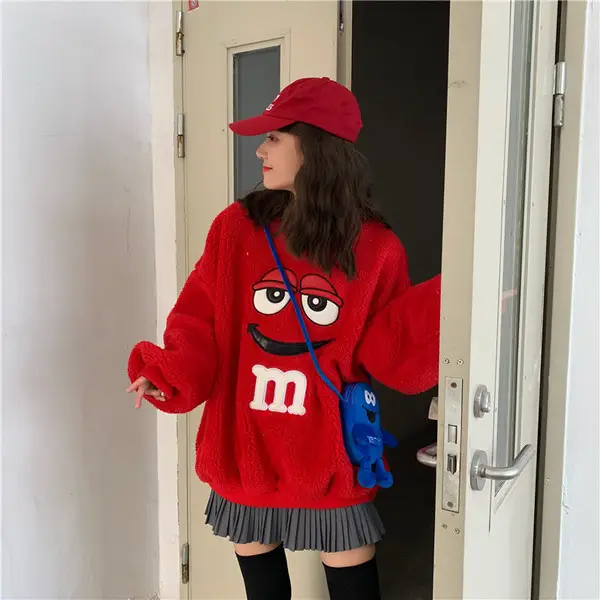 Women Red M&M Cartoon Sweatshirt Long Sleeve Winter Warm - Image 4