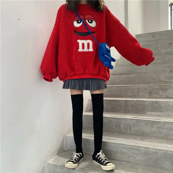 Women Red M&M Cartoon Sweatshirt Long Sleeve Winter Warm - Image 2