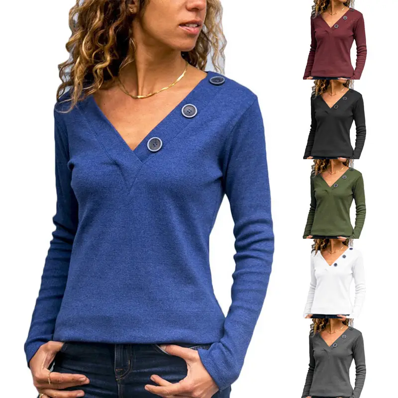 Women V Neck Button Long Sleeve Green Top