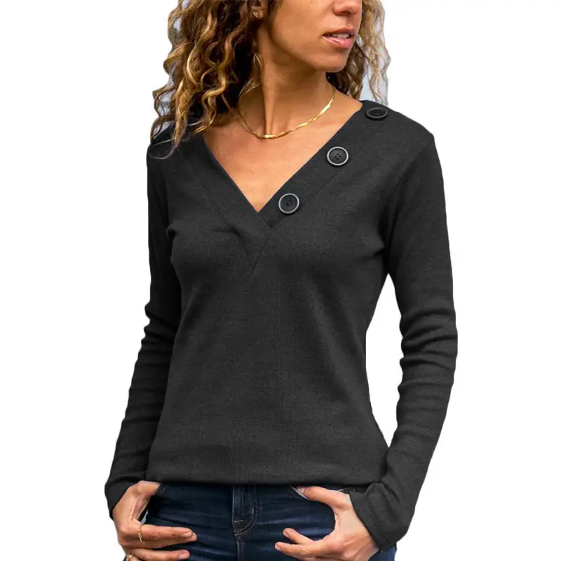 Women V Neck Button Long Sleeve Green Top