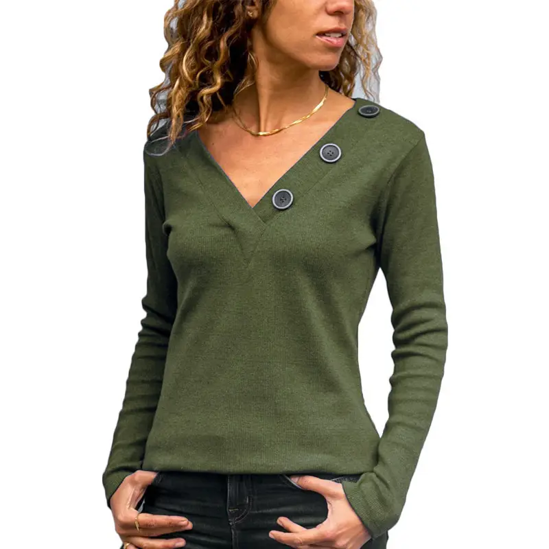 Women V Neck Button Long Sleeve Green Top