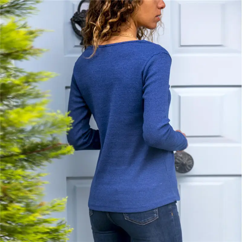 Women V Neck Button Long Sleeve Green Top