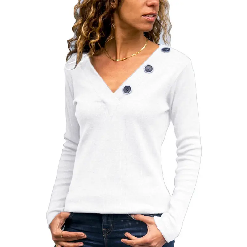 Women V Neck Button Long Sleeve Green Top