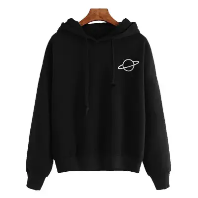 Black Hooded Sweatshirt with White Planet Print — feature 6