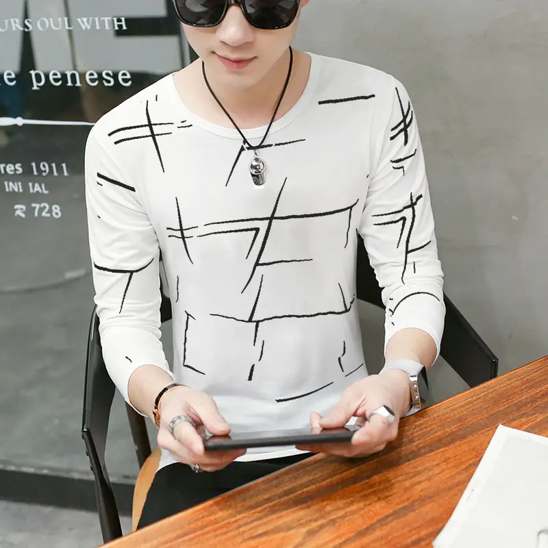 Men Long Sleeve Graphic T-Shirt White Crewneck Raggy