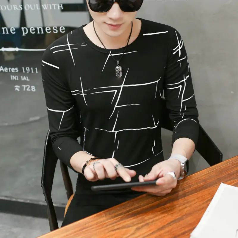 Men Long Sleeve Graphic T-Shirt White Crewneck Raggy