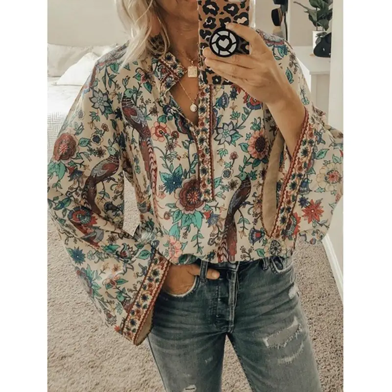 Women Printed Button Long Sleeve Shirt Blue Floral - Image 11