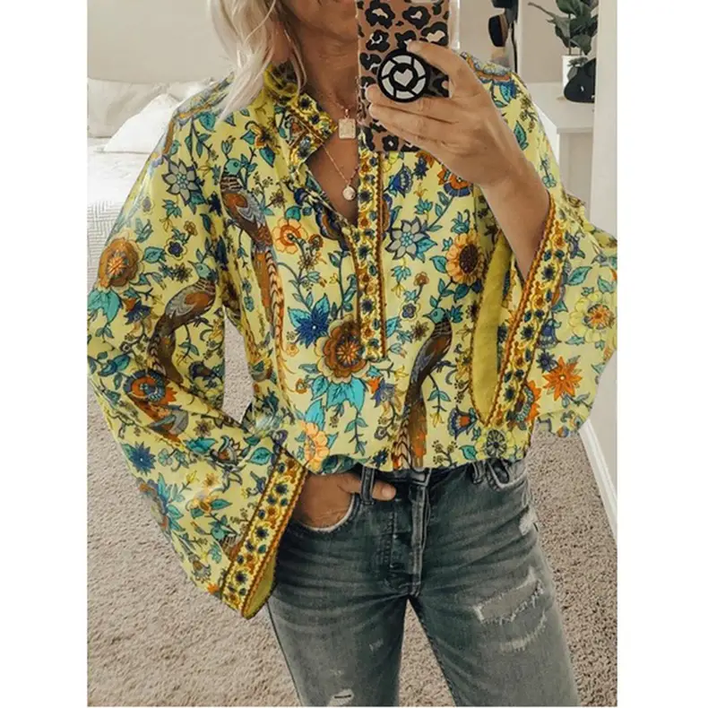 Women Printed Button Long Sleeve Shirt Blue Floral — feature 13