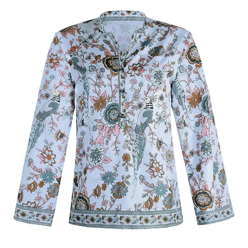 Women Printed Button Long Sleeve Shirt Blue Floral — feature 17