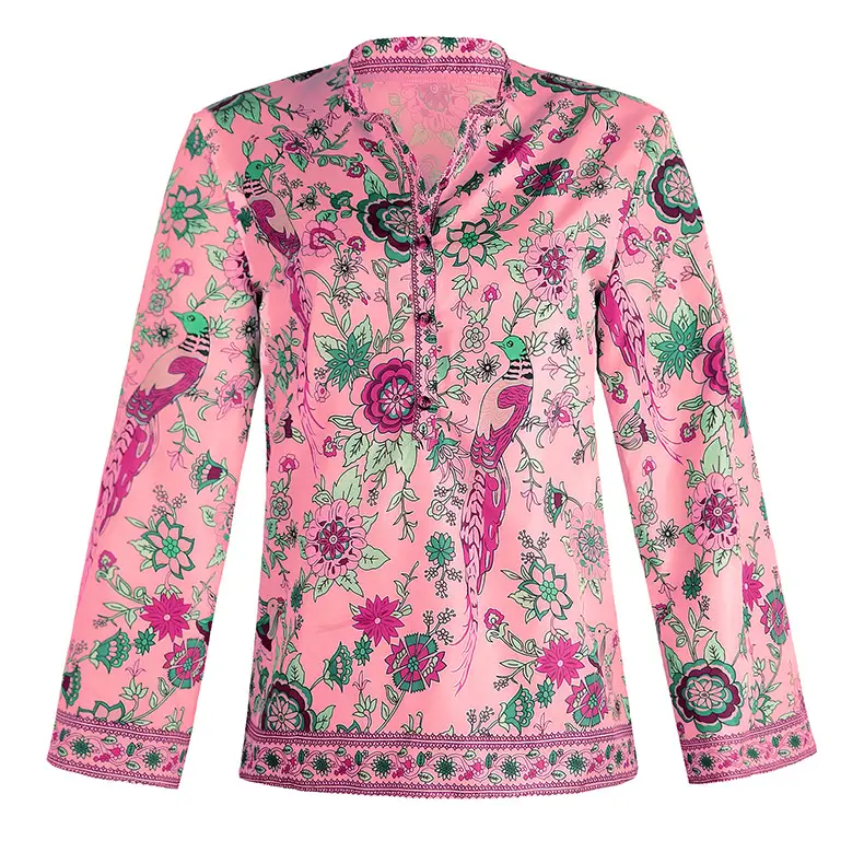 Women Printed Button Long Sleeve Shirt Blue Floral — feature 20