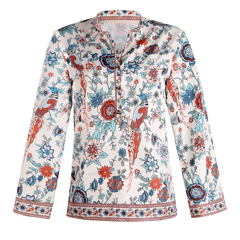 Women Printed Button Long Sleeve Shirt Blue Floral — feature 8