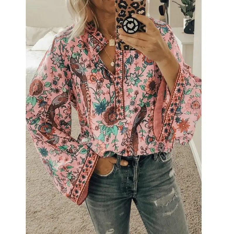 Women Printed Button Long Sleeve Shirt Blue Floral - Image 6