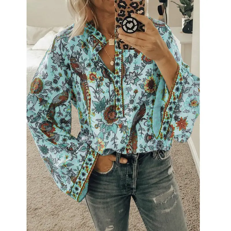 Women Printed Button Long Sleeve Shirt Blue Floral - Image 8