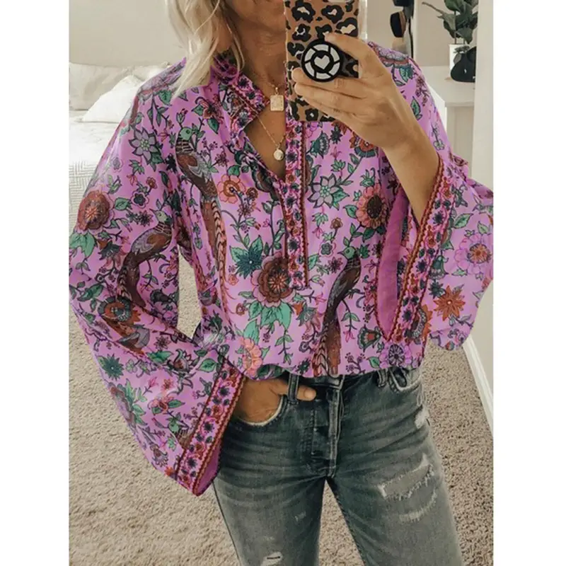 Women Printed Button Long Sleeve Shirt Blue Floral - Image 9