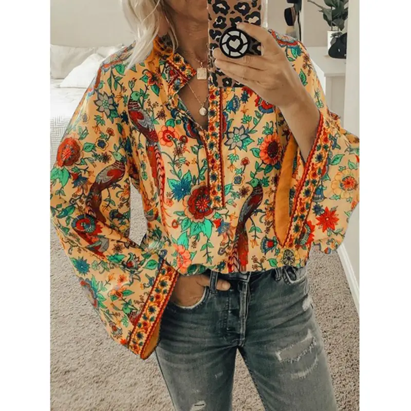 Women Printed Button Long Sleeve Shirt Blue Floral - Image 4
