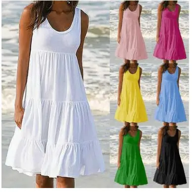 Women Sleeveless Round Neck Beach Skirt Blue 7 Colors - Image 8