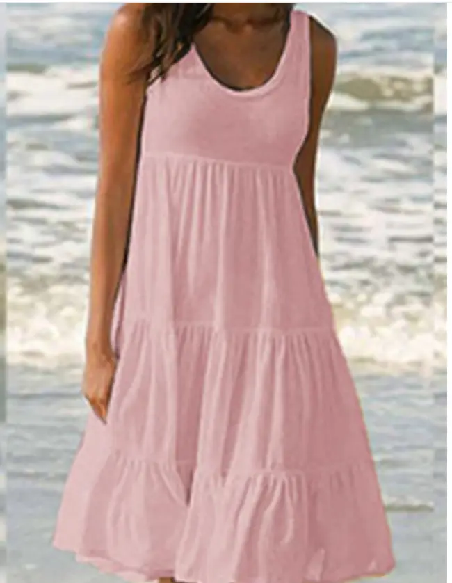 Women Sleeveless Round Neck Beach Skirt Blue 7 Colors - Image 2
