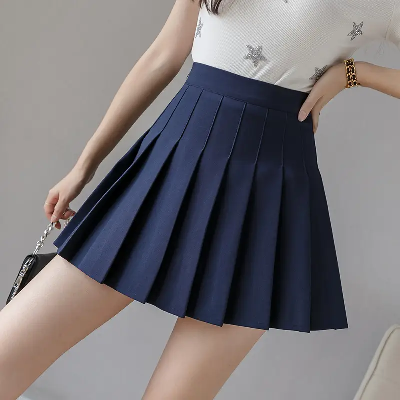Women Pleated Skirt Navy Blue High Waist Slimming - Image 10