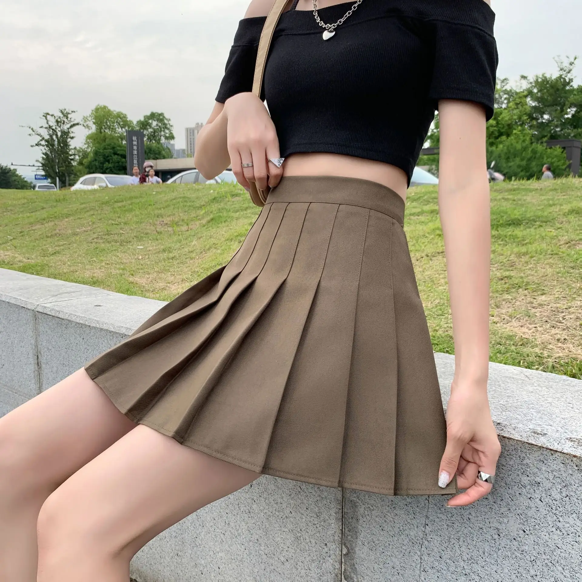 Women Pleated Skirt Navy Blue High Waist Slimming - Image 11