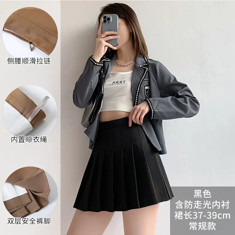 Women Pleated Skirt Navy Blue High Waist Slimming - Image 14