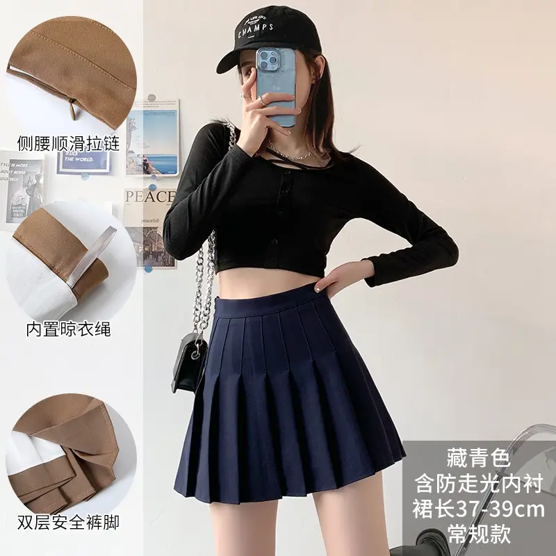 Women Pleated Skirt Navy Blue High Waist Slimming - Image 20