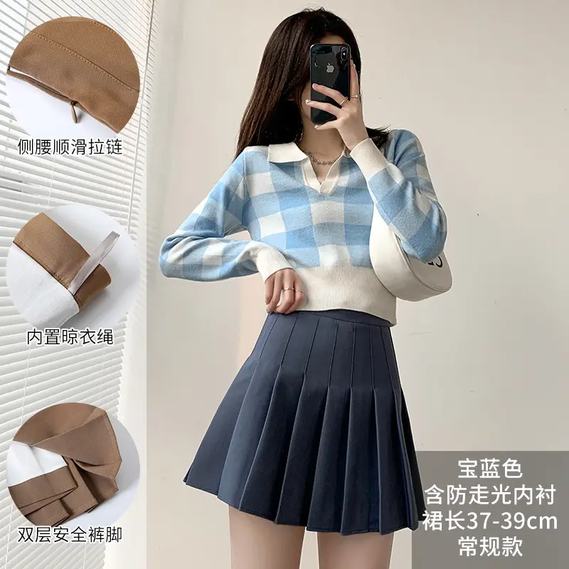 Women Pleated Skirt Navy Blue High Waist Slimming - Image 21