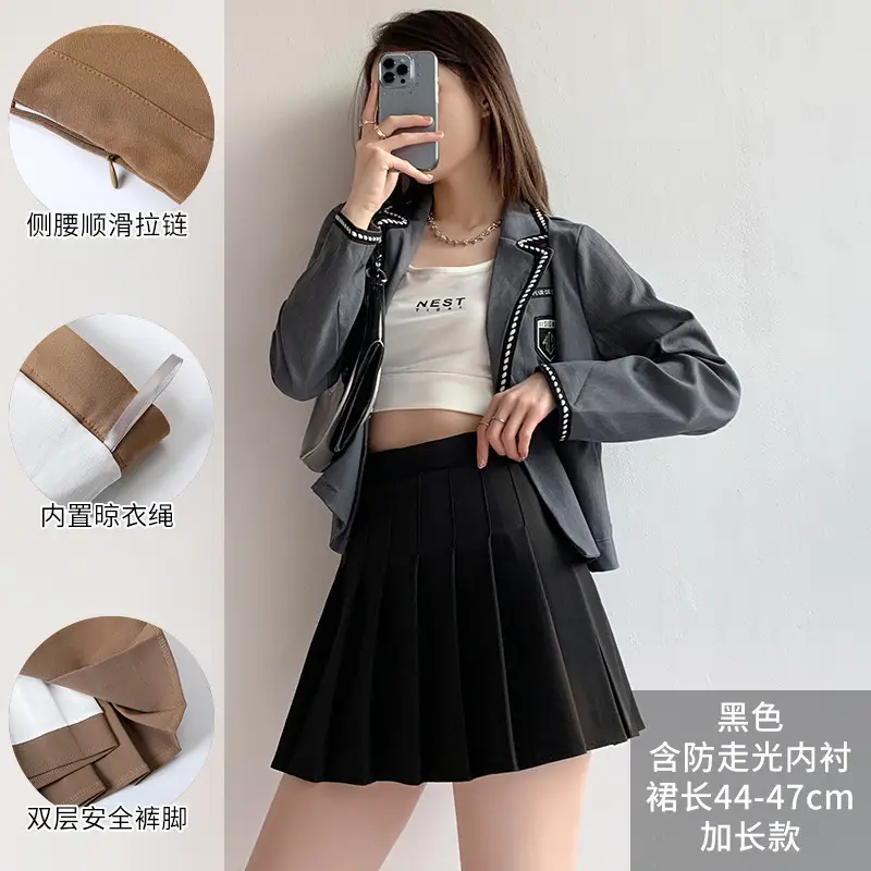 Women Pleated Skirt Navy Blue High Waist Slimming - Image 28