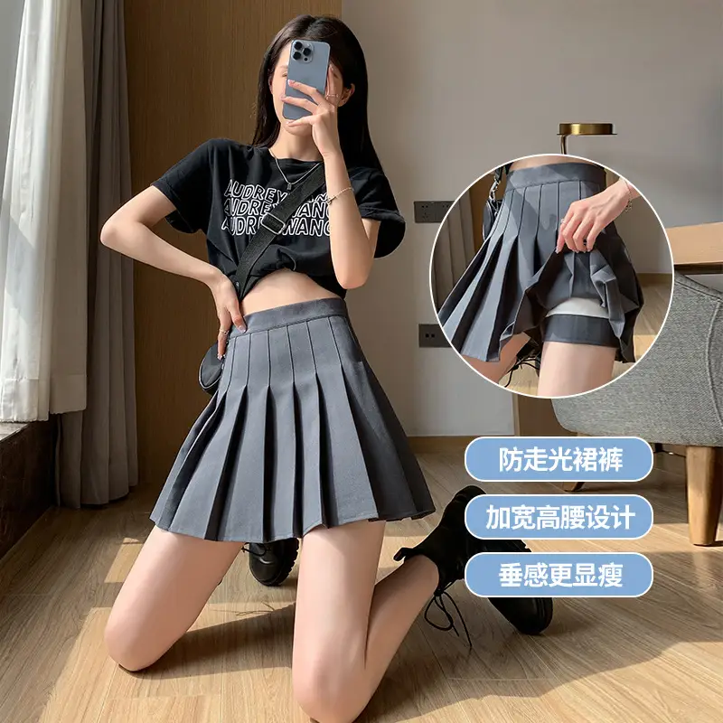 Women Pleated Skirt Navy Blue High Waist Slimming - Image 34