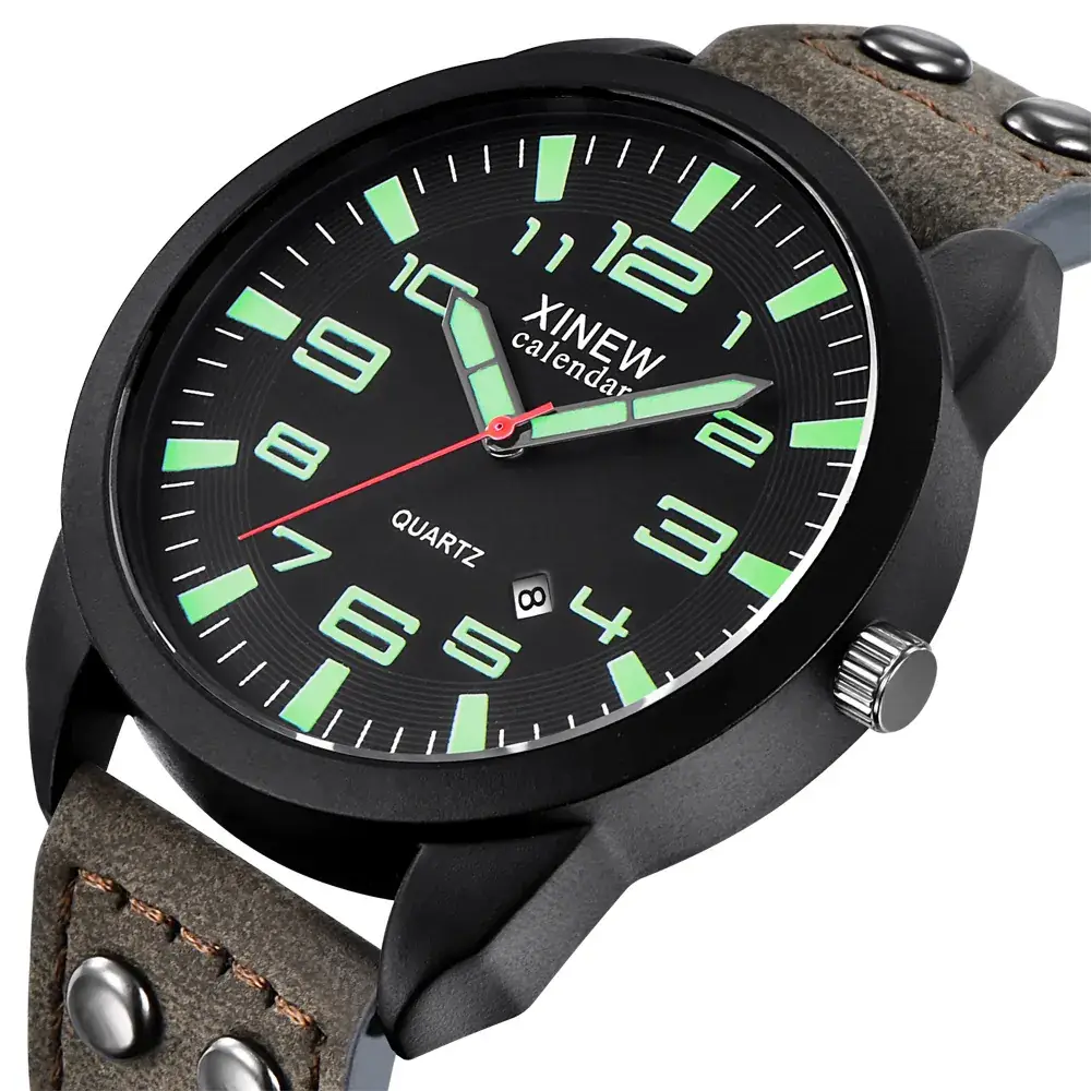Men's Red Leather Quartz Watch 2813 - Image 11