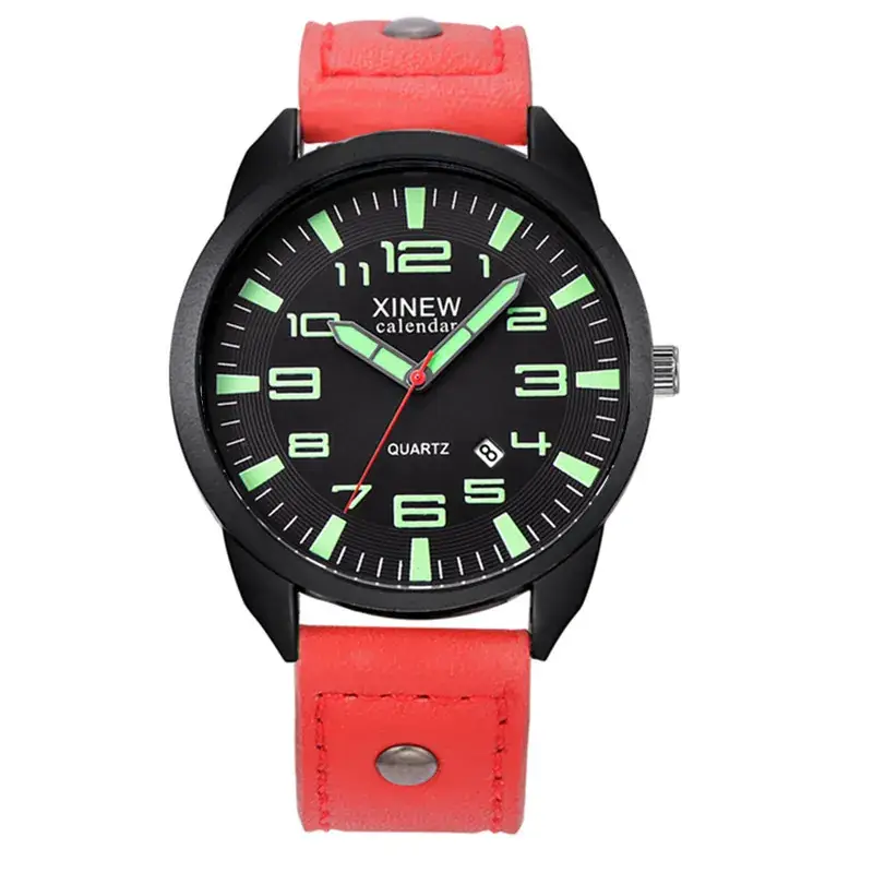 Men's Red Leather Quartz Watch 2813 - Image 9
