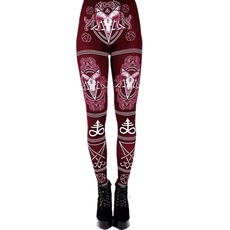 Maroon Printed Hip Leggings for Women with White Design - Image 7