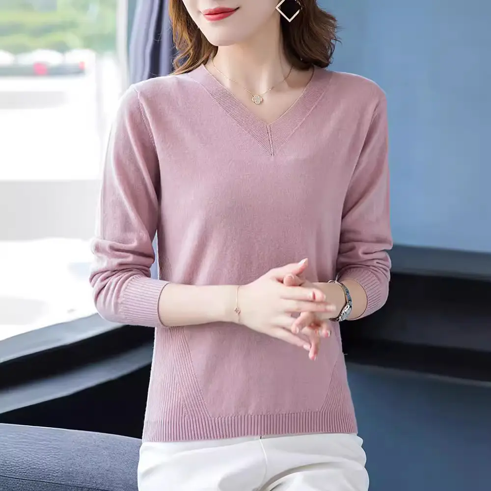 2024 V Neck Knit Pullover Long Sleeve Purple - Image 7