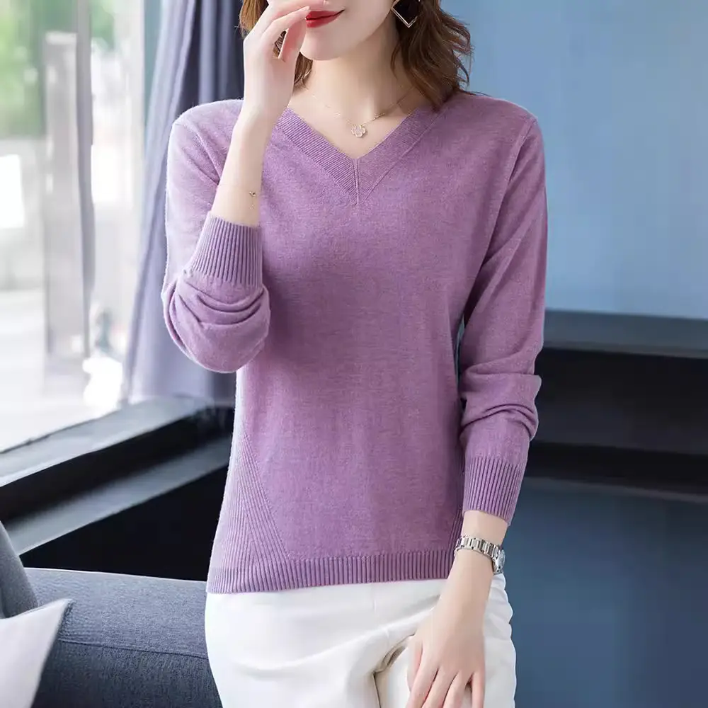 2024 V Neck Knit Pullover Long Sleeve Purple - Image 8