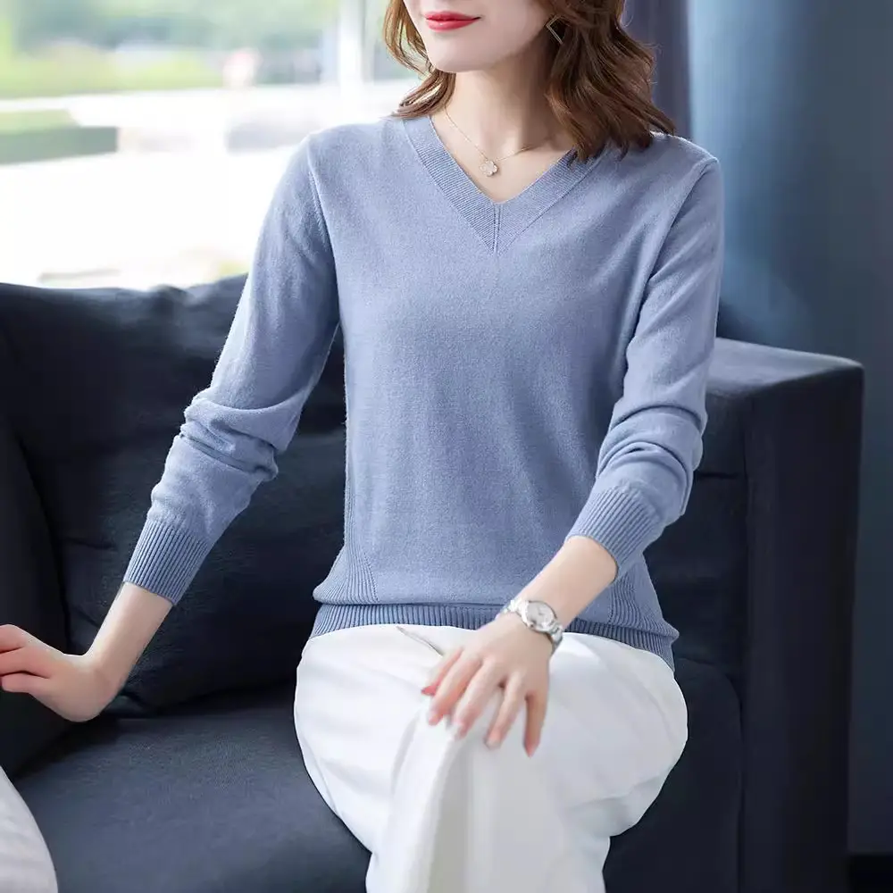 2024 V Neck Knit Pullover Long Sleeve Purple - Image 9