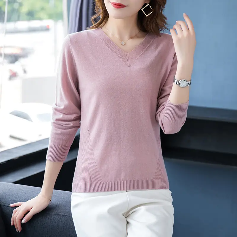 2024 V Neck Knit Pullover Long Sleeve Purple - Image 3