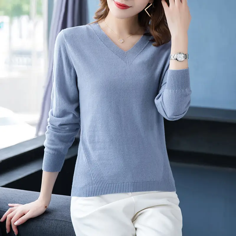 2024 V Neck Knit Pullover Long Sleeve Purple - Image 4
