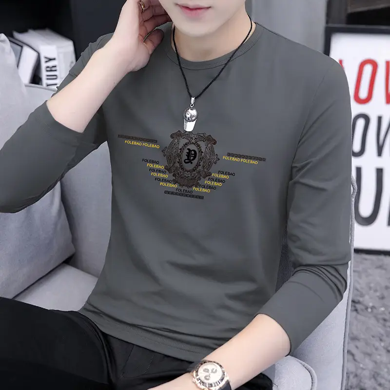 Men Long Sleeve Graphic T-Shirt Grey Round Neck Wholesale - Image 6