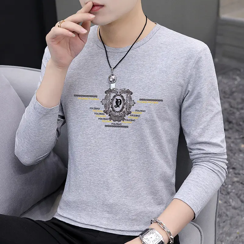 Men Long Sleeve Graphic T-Shirt Grey Round Neck Wholesale - Image 3