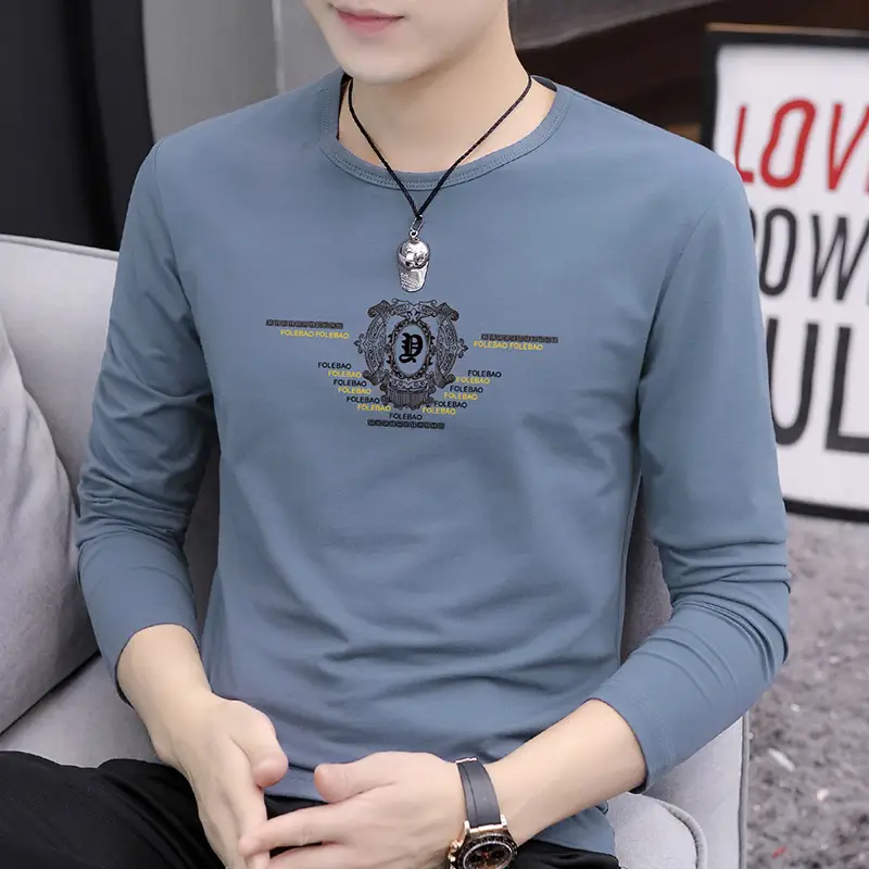 Men Long Sleeve Graphic T-Shirt Grey Round Neck Wholesale - Image 4