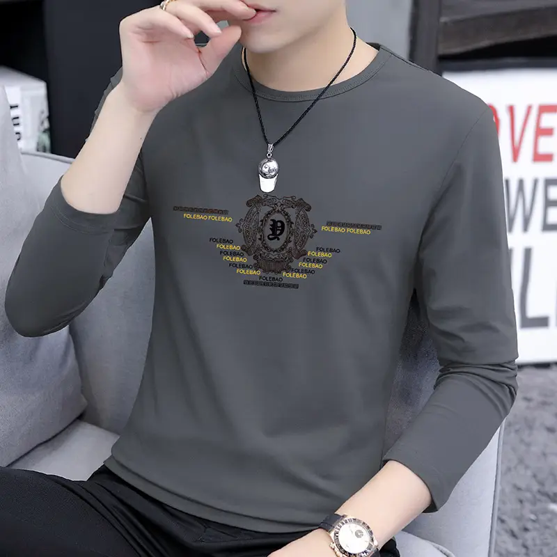 Men Long Sleeve Graphic T-Shirt Grey Round Neck Wholesale - Image 5