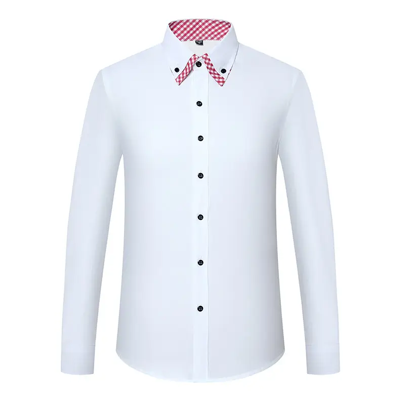 Men's White Slim Fit Korean Style Shirt with Red Gingham Collar