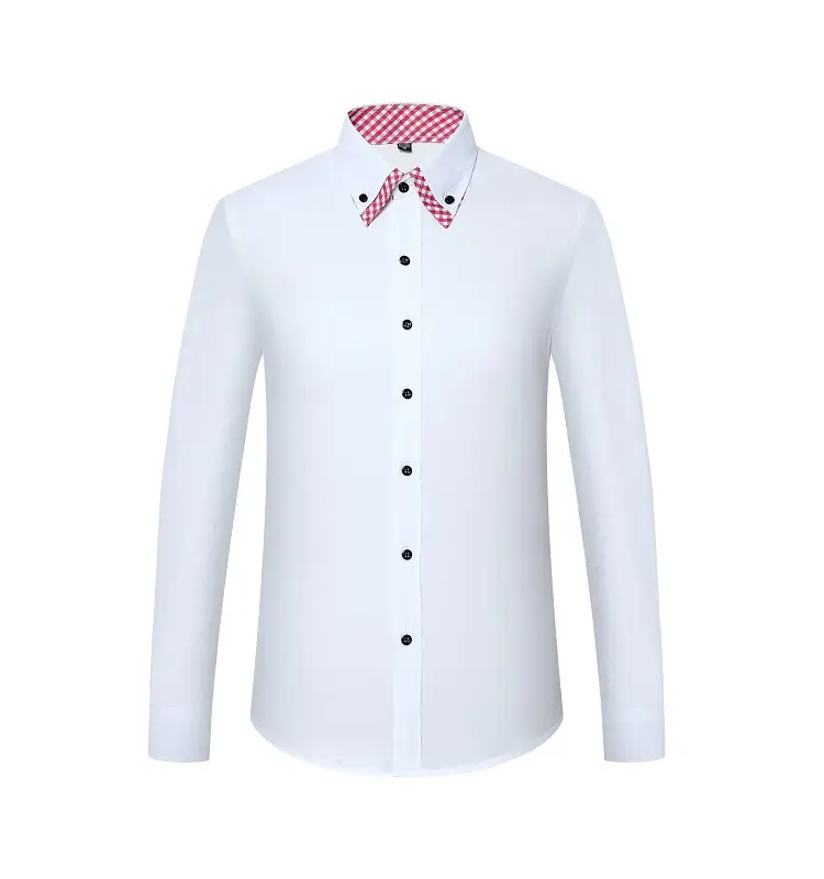 Men's White Slim Fit Korean Style Shirt with Red Gingham Collar — feature 11