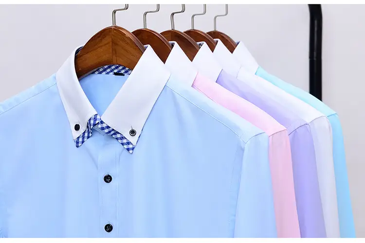 Men's White Slim Fit Korean Style Shirt with Red Gingham Collar — feature 4