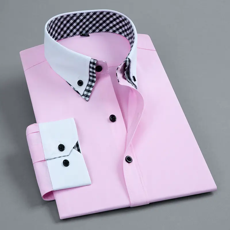 Men's White Slim Fit Korean Style Shirt with Red Gingham Collar