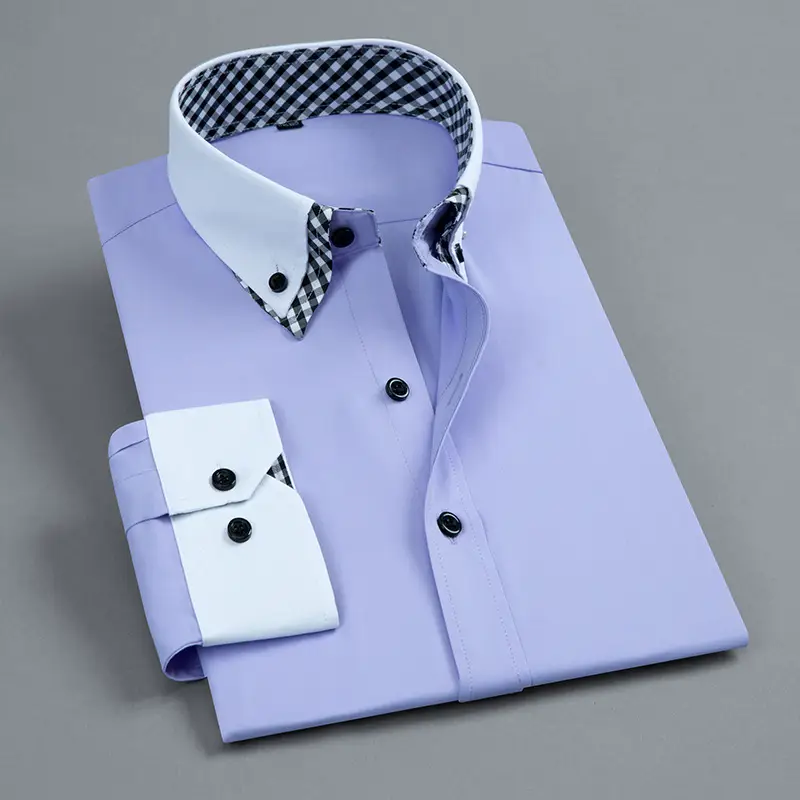 Men's White Slim Fit Korean Style Shirt with Red Gingham Collar