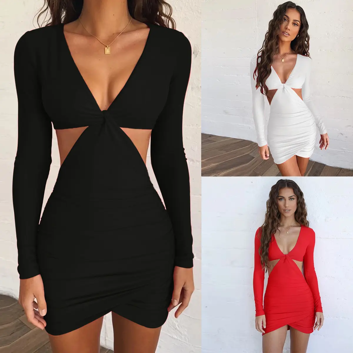 Black Cross-Border V-Neck Long Sleeve Dress - Image 4